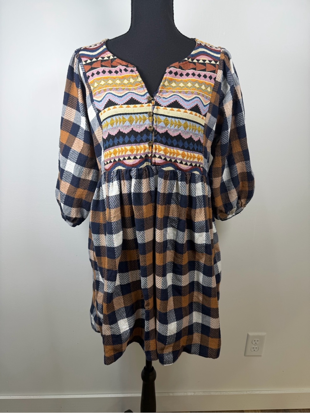 Hayden LA Women’s Large Plaid Boho Embroidered Babydoll Tunic Dress Cottagecore